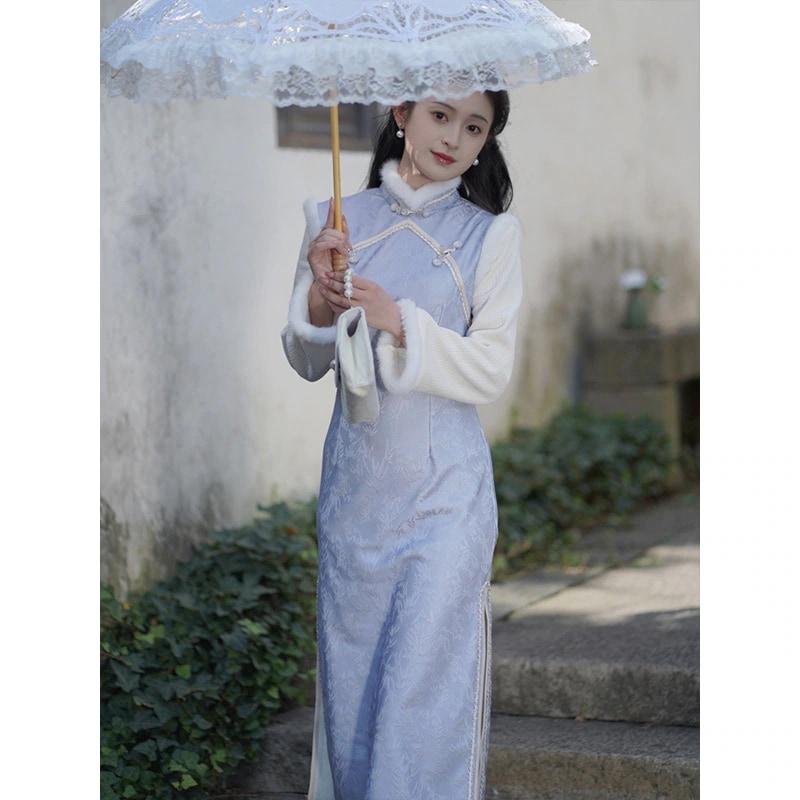 ワンピースドレスドレス穏やかな気質青い逆袖とベルベット・チョンサム2025ウィンターレトロ漢服スタイルの女の子クールドレス