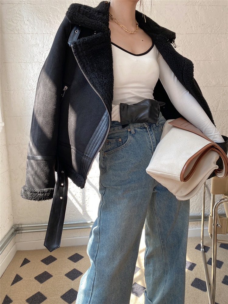 韓国ファッション2021 秋冬レトロ オートバイ風 ジャケット 子羊 毛皮一体 コート 個性トレンド