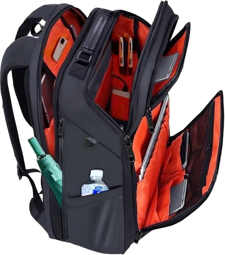 リュック メンズ ビジネス リュックサック スクエア 大容量 旅行用 PC 通学 通勤 出張 USB充電ポート 型崩れ防止 しない (ブラック（裏地：オレンジ）)