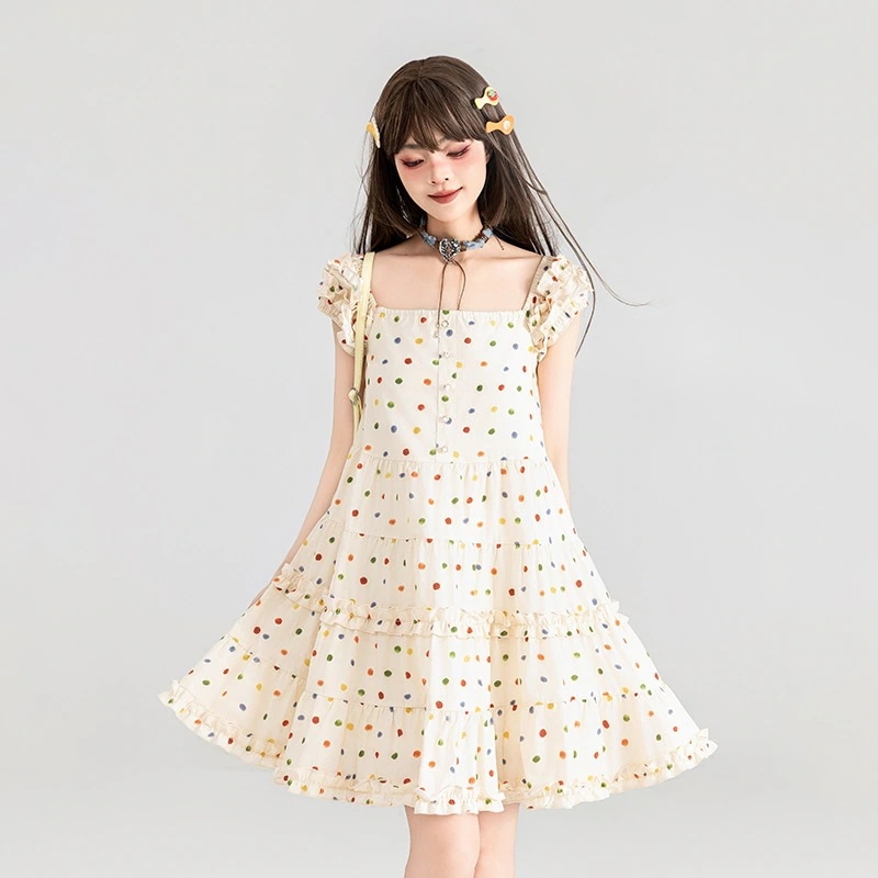 【高品質です】情熱カラー水玉ドレス 2024夏新作 コンプレックスプリーツレーススイートaラインスカート