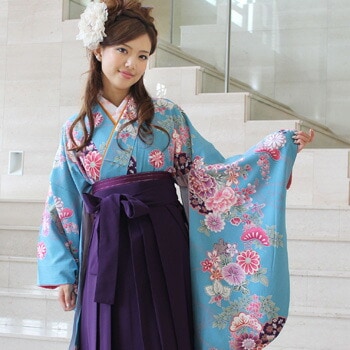 レンタル卒業式 袴 レンタル 女 袴セット 卒業式袴セット2尺袖着物＆袴 フルセットレンタル 安い 青地に紫系古典調花柄と雪輪ハカマ はかま rental