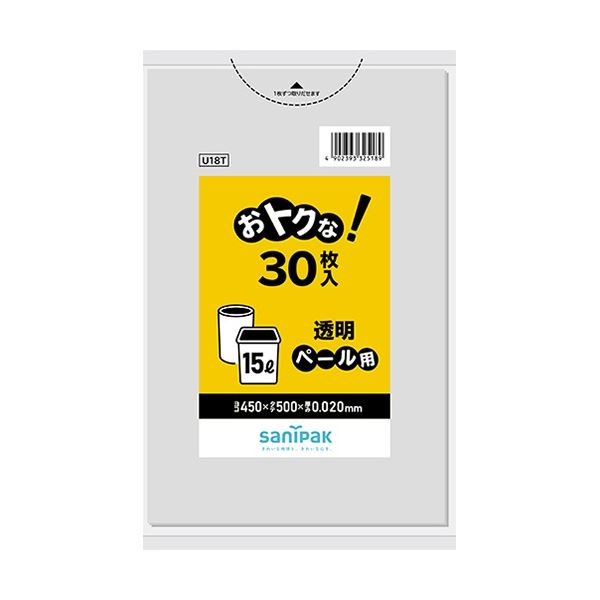 （まとめ）日本サニパック おトクな！ ゴミ袋 透明 15L U18T 1パック（30枚）[x20]