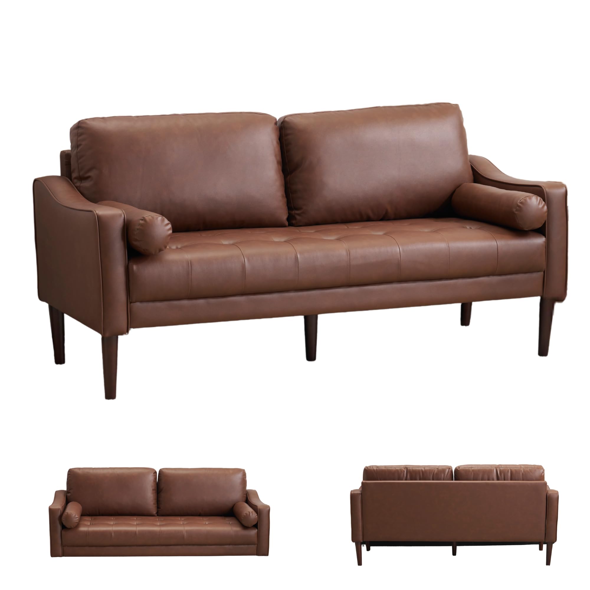 ソファー 3人掛け ワイド幅171cm カウチソファ PUレザー 肘掛け付き 枕/クッション2個付 おしゃれ 2WAY ローソファ ロボット掃除機対応 脚付き サロン/応接室用 (ブラウン)