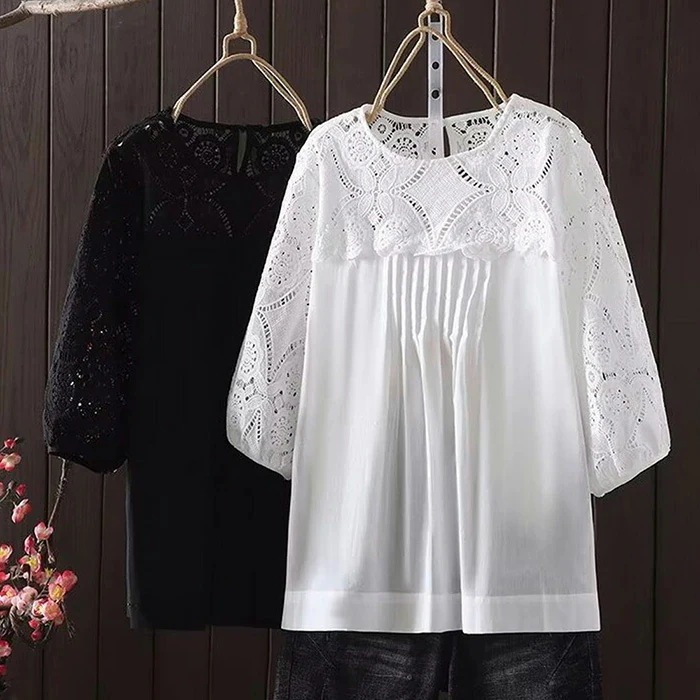 【20点セット】無料チュニック レディース 七分袖 ブラウス コットン ロングTシャツ チュニックブラウス 透け感 透かし編み 刺繍 レース ブラウス トップス 綿混 クルーネック 森ガール エスニッ