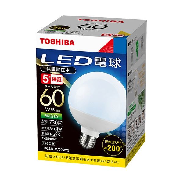 （まとめ）東芝ライテック LED電球 ボール電球形 E26口金 6.4W 昼白色 1個[x5]