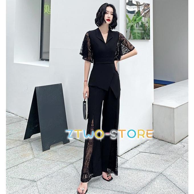 パンツドレス かっこいい パーティードレス 結婚式 お呼ばれドレス パンツ ジャンプスーツ 半袖 袖あり レース袖 黒 大きいサイズ 3L 4L 小さいサイズ 韓国