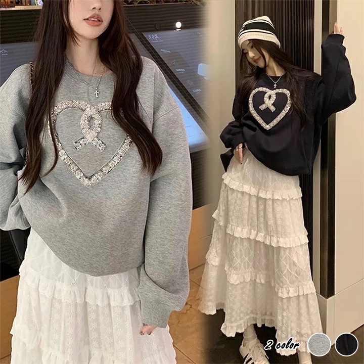 1点3,980円！50%OFFクーポン利用でハート スウェット トレーナー レディース 春 秋　オーバーサイズ オフショル トップス 長袖 ラウンドネック スウェット カジュアル 無地 韓国ファッショ