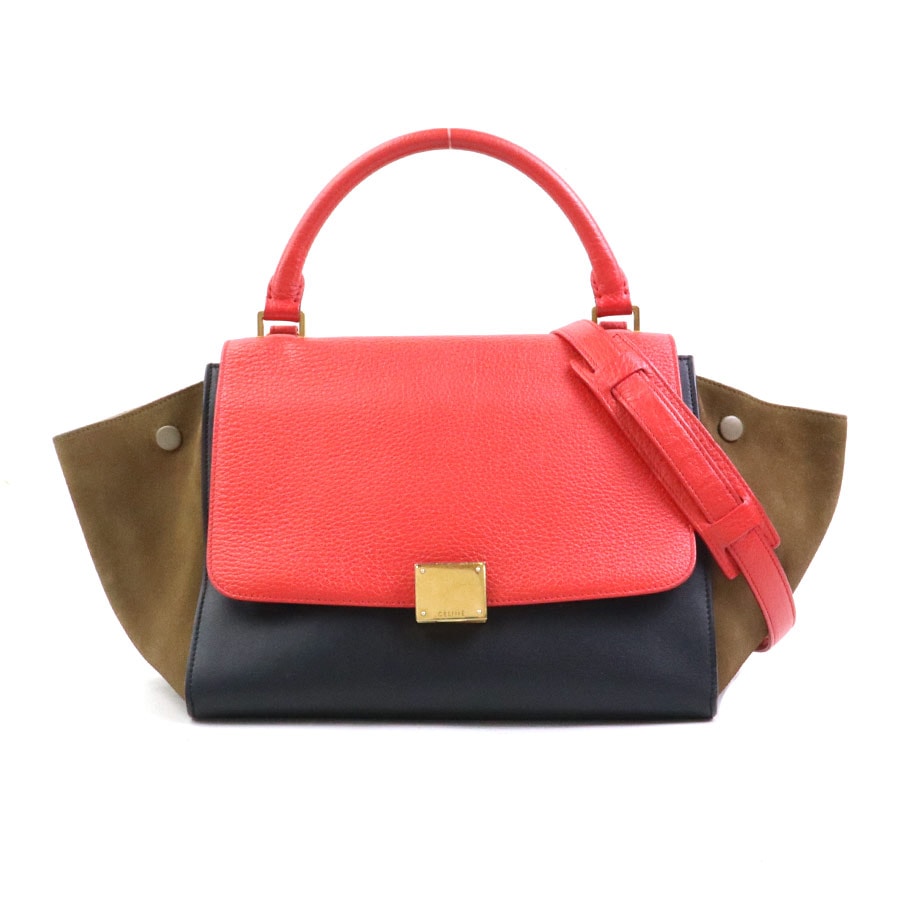 セリーヌ CELINE ハンドバッグ ショルダーバッグ トラペーズ レザー/スエード レッド/ブラック/カーキ レディース e60676a