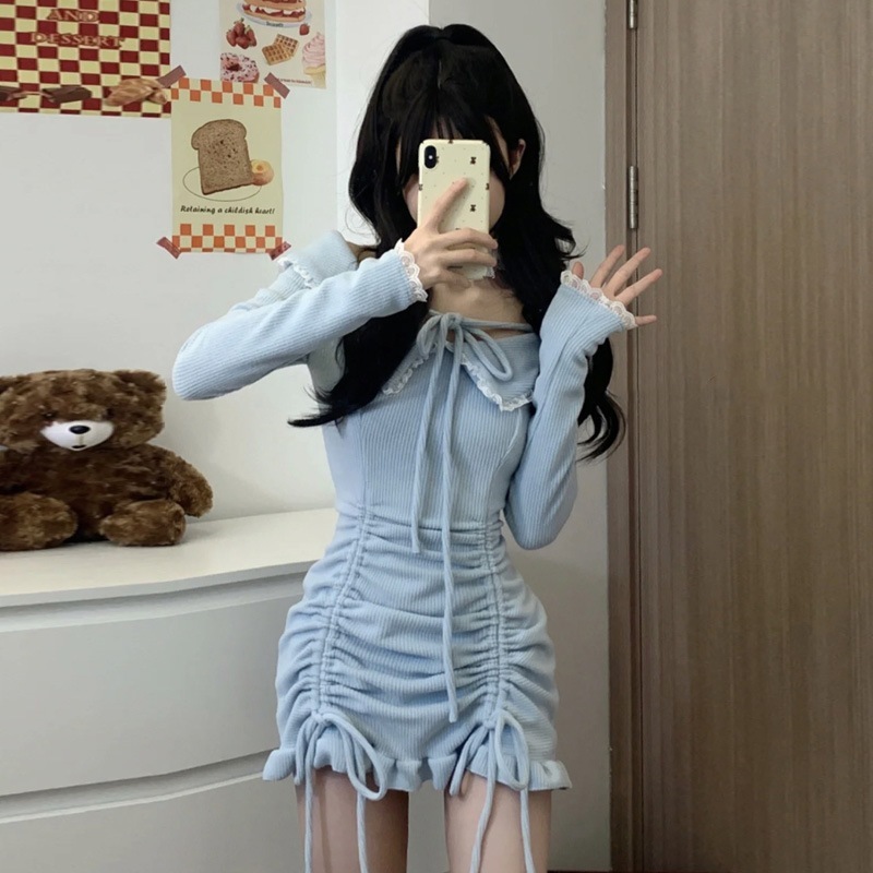 純粋なセクシーなホットガールドレス女性の 5 秋の新しいスリムフィット巾着ブルーニットショートスカート