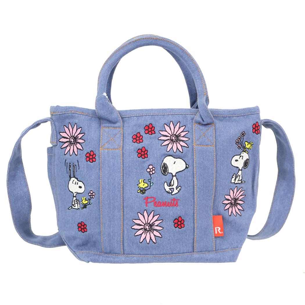スヌーピー IP.デリ.シシュウ.Peanuts-0M デニムミニバッグ ショルダー付 SAX