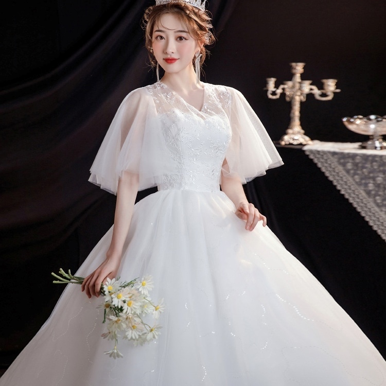 ドレス 衣装 ウエディングドレス 披露宴ドレス ロングドレス 5分袖 Vネック 刺繡 シースルー レースアップ バックシャン フレア 切り替えデザイン ステージドレス 発表会 フレア かわいい