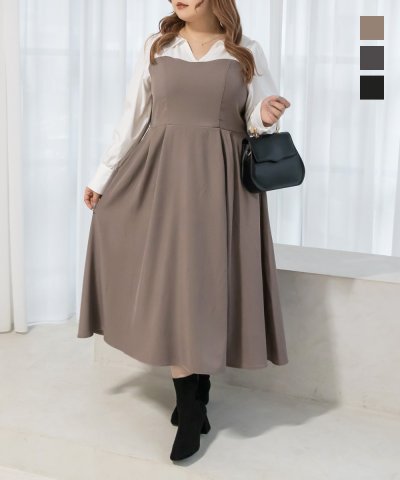 大きいサイズ レディース LL 3L 4L XL XXL XXXL CLETTEオリジナルシャツレイヤード風ドッキングワンピース