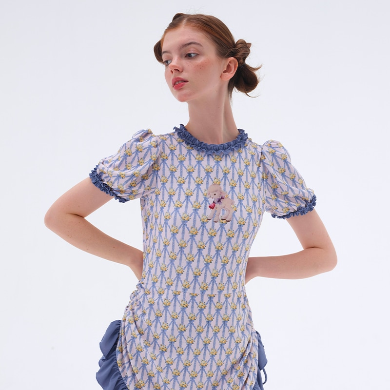 羊プリントパフスリーブワンピース水着