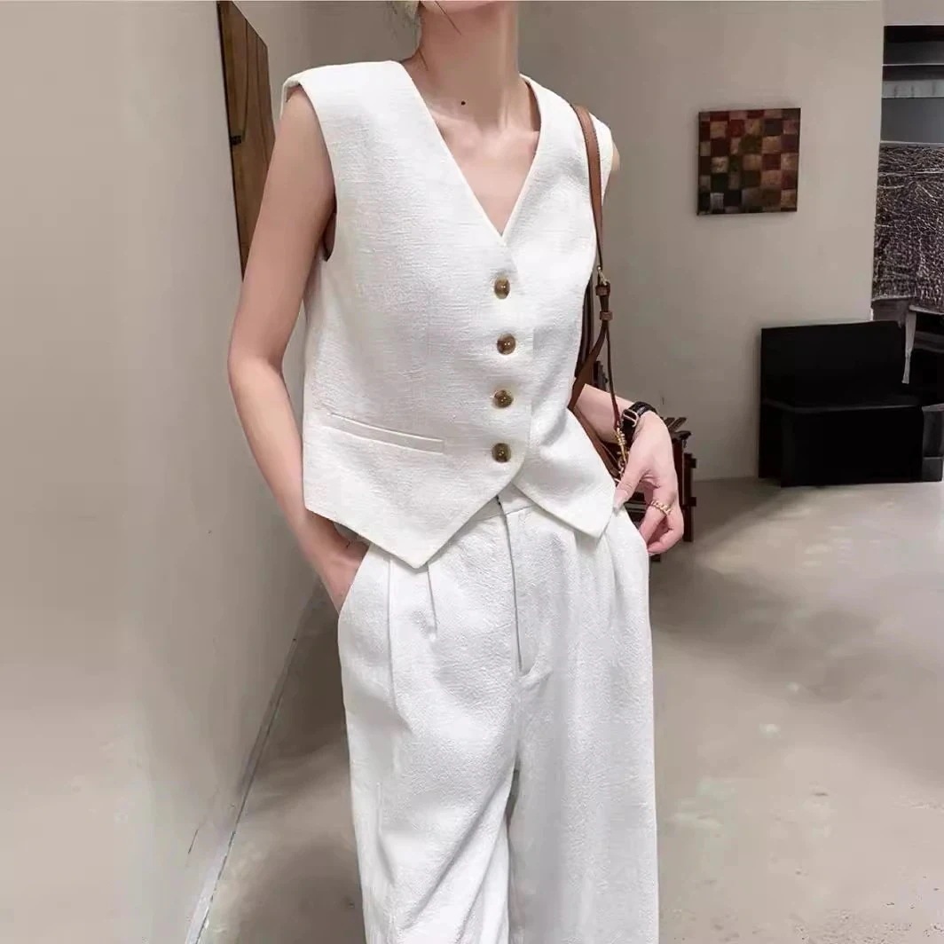 通勤ノースリーブ OL ベスト+ワイドパンツ韓国ファッション 上下セット レディース スーツ ホワイト人气新作 涼しく楽ちんセットアップ