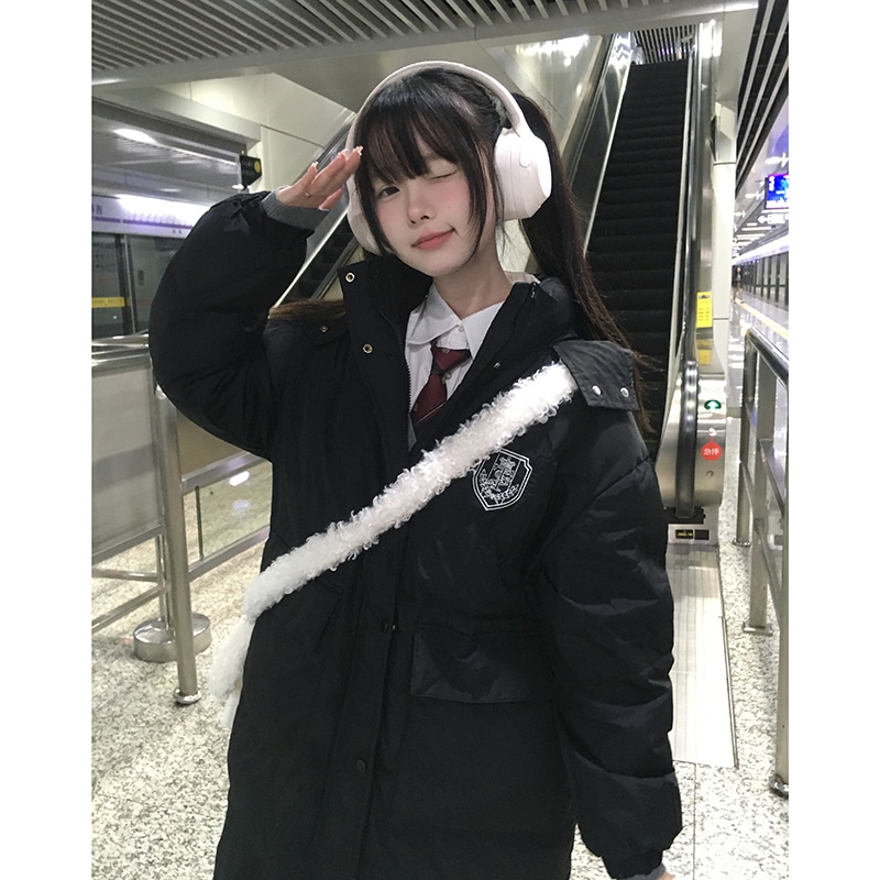 藤野高校風ダウンジャケット ミドル丈 冬 フード付き 黒 女性用 暖かいジャケット JK