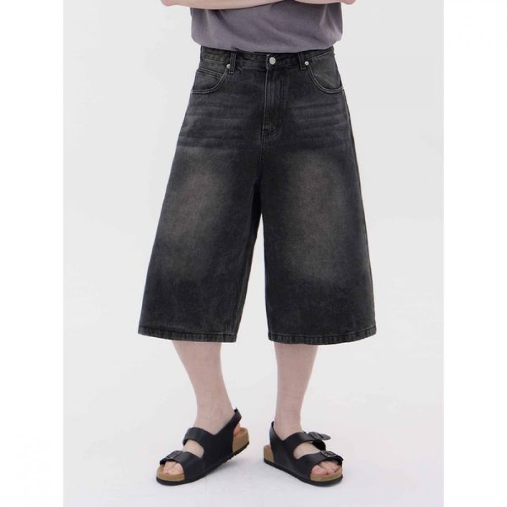 [Jean Mania] ユニセックスワイドルーズフィットバミューダ7パートブラックブルージーンズデニムパンツ