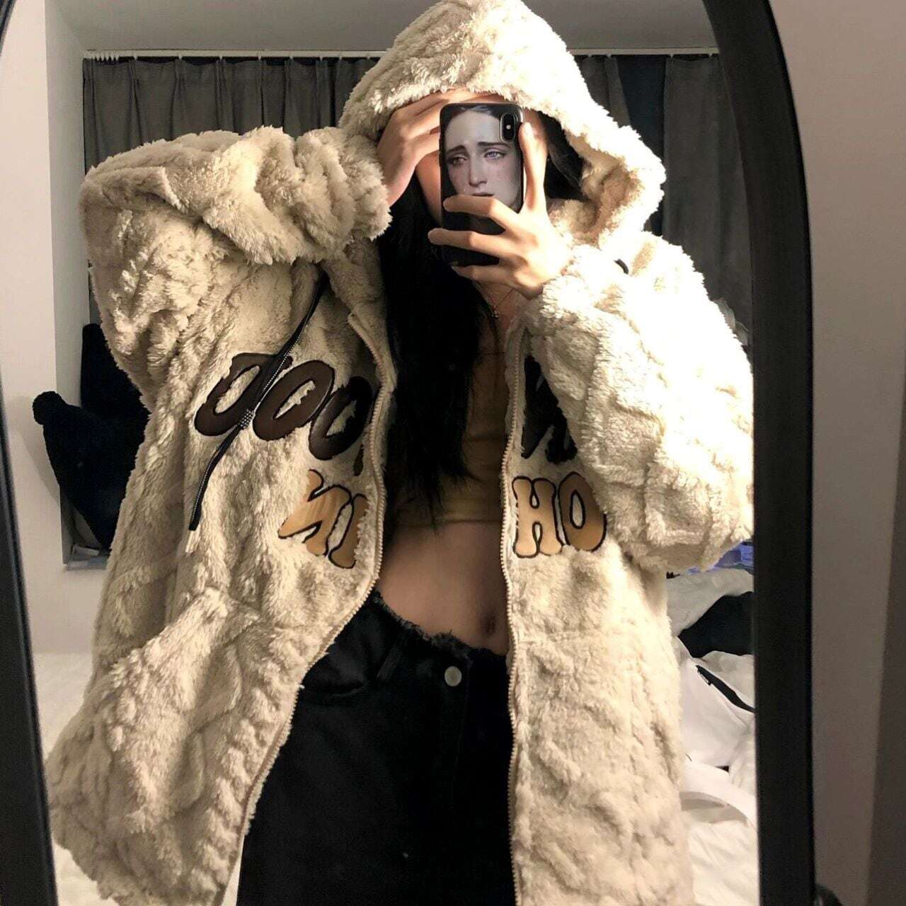 レディース 長袖 ジャケット ロング丈 ビックシルエット ベルベット セーター ボア フード付き アウター ロゴ カッコイイ クール シック 大人可愛い ママコーデ ママファッション 韓国系 オルチャ