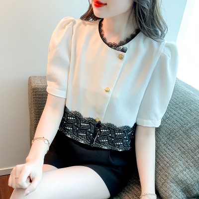 トップス デート シャツ ブラウス カットソー ショート ショート丈 袖あり 半袖 パフスリーブ レース かわいい 大人可愛い きれいめ シンプル カジュアル 大人 上品 おしゃれ お洒落 主役級