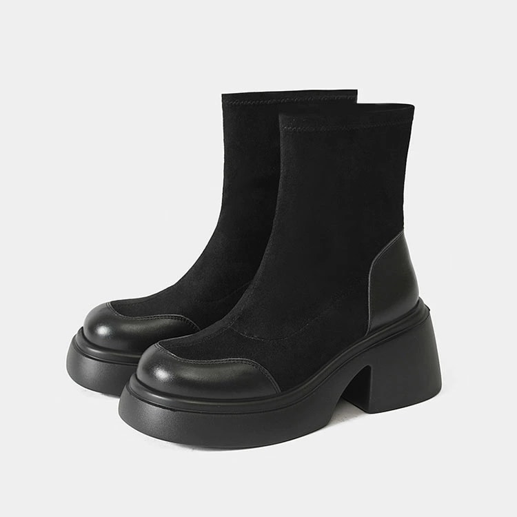 ショートブーツ レディース ブーツ 厚底 太ヒール 靴 歩きやすい スエード 美脚 ブーティ ショート シンプル 秋 冬 おしゃれ ストレッチ 柔らかい 黒 ブラウン お出かけ 通勤