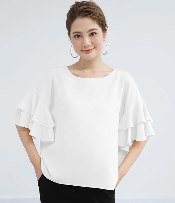 日本と韓国のスタイルINSレディースシャツショート - スリーブルーズシャツv-ネックダブルレイヤーフリルショルダーシャツ新しい 5,519円