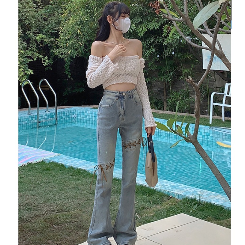 レースアップデニムパンツ ボトムス パンツ デニムパンツ ロング ロング丈 フレア リボン ハイウエスト デニム かわいい 大人可愛い きれいめ シンプル カジュアル 大人 上品 おしゃれ お洒落