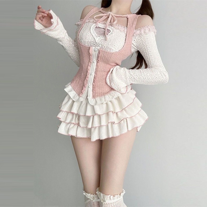 清純で魅惑的なバレエスタイルのレディース春秋スリーピースセット：ベストオフショルダーの長袖シャツふわふわのケーキスカート