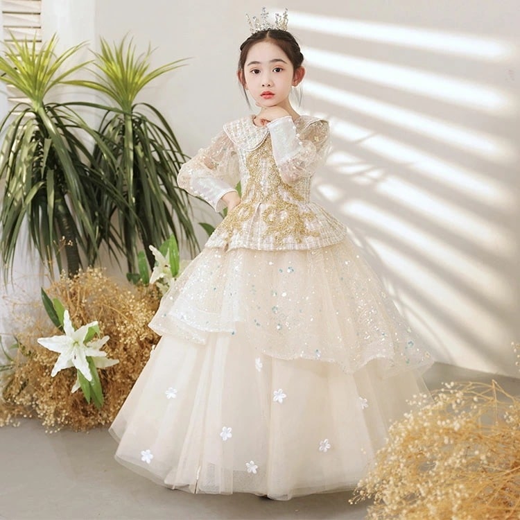 子供ドレス ロング ピアノ発表会ドレス シャンパン色 折り襟 パール 女児ドレス 可愛いドレス 長袖 パフスリーブ ツイード ドッキング オシャレ エレガント キッズドレス 演奏会ドレス スパンコール