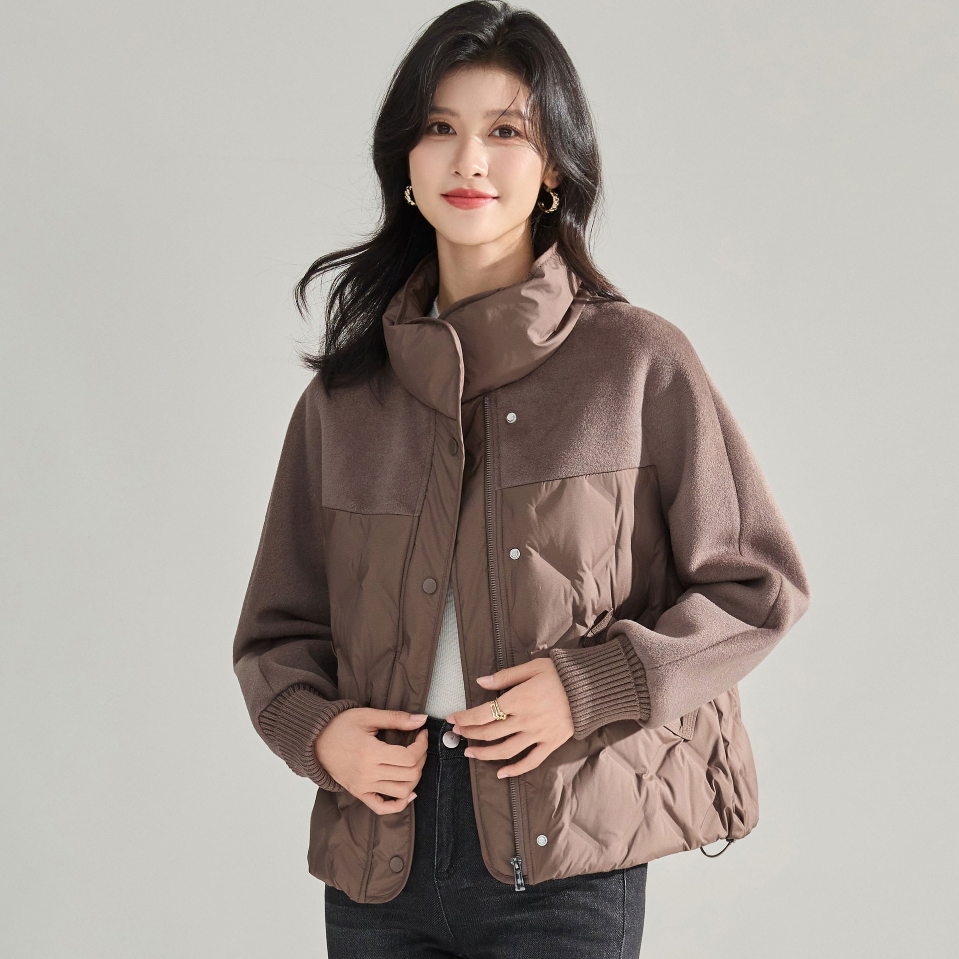 韓国ファッション レディース24冬デザイン感文芸風スタンドカラーツイードつづり白カモフラダウン小柄保温コート15985コート