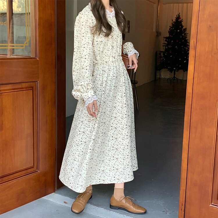 2色 ワンピース 長袖 春 かわいい ロング フレアスカート ロング丈 ボリューム袖 Vネック セミフレア レース フリル ウエストゴム ブラック アプリコット ワンサイズ ゆったり 6,142円