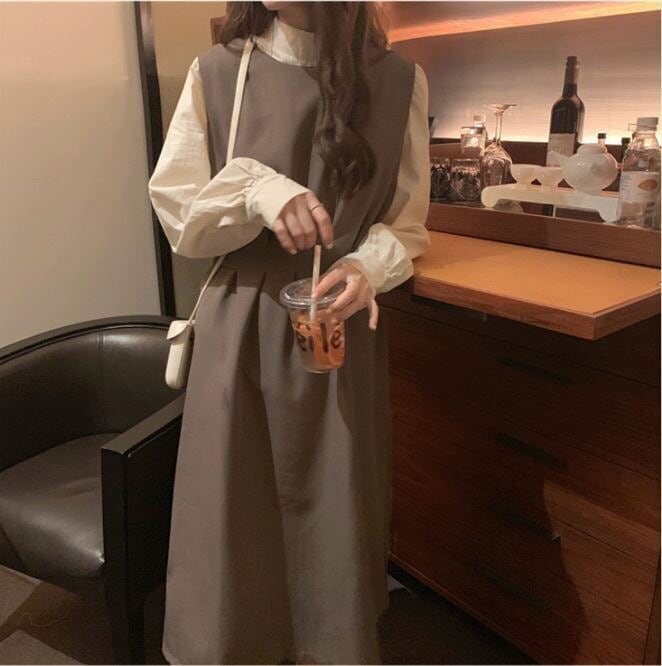 2色 レトロ風 ワンピース 長袖 秋 かわいい ロング aライン 2ピース シャツ付き aライン Aライン フレア ジャンパースカート 膝下 ミモレ ミモレ丈 ロング ロング丈 7分丈 ミディアム丈