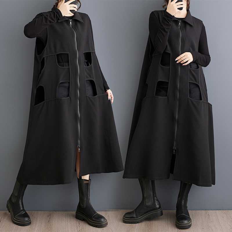 「ファットガール」 2024秋新品 ロングカーディガン ファスナー 袖なし ロングベスト 大きいサイズ 体型カバー レディース ノースリーブワンピース メガ割