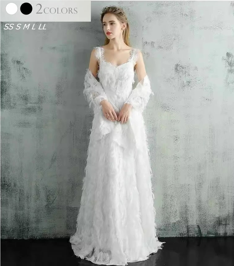2色 WeddingDress キャミソール ウェディングドレス フェザー ワンピース ウエディングドレス カラードレス 花嫁ドレス 袖なし ウェディング ウエディング ファスナー スレンダーライン