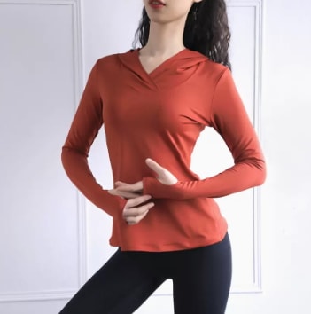 トップス Tシャツ スポーツウェア トレーニングウェア フィットネスウェア ヨガウェア ふつう 袖あり 長袖 指穴 Vネック スリム タイト 細身 スマート フード付き 伸縮性 シンプル 薄手 吸湿