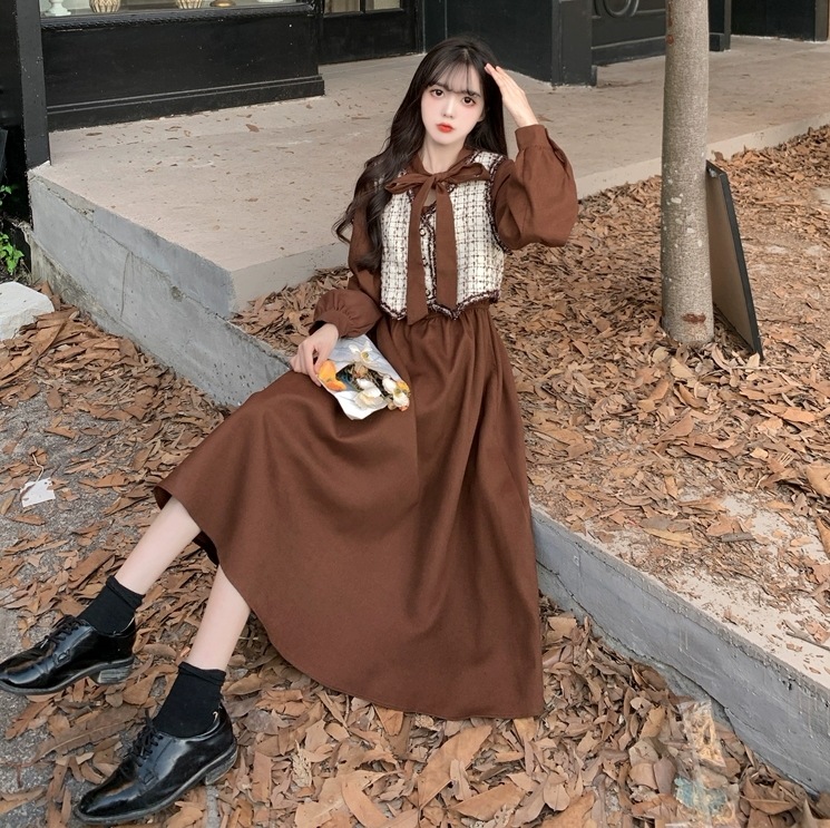 ツーピース コーヒー レッド ワンピース ベスト ミモレ丈ワンピース ミモレ ミモレ丈 袖あり 長袖 リボン お得 かわいい 上品 おしゃれ お洒落 清楚 ラブリー キュート ガーリー 存在感 無地