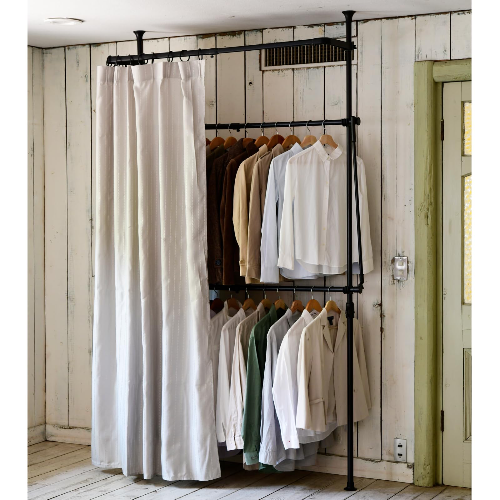 山善(YAMAZEN) ハンガーラック 頑丈 カバー付き (カーテン付属) 2段 【全体耐荷重62】 スリム タテ・ヨコ伸縮 幅99-133×奥行36×高さ190-260 突っ張り 掛け下ろし棒付き