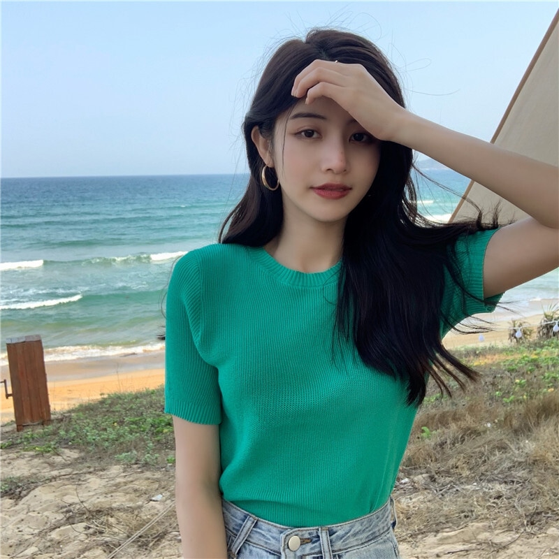 トップス ニットソー 袖あり 半袖 クルーネック スリム サマーニット きれいめ シンプル カジュアル 大人 上品 大人女子 ラフ メンズライク 主役級 無地 春 夏 秋 10代 20代 30代