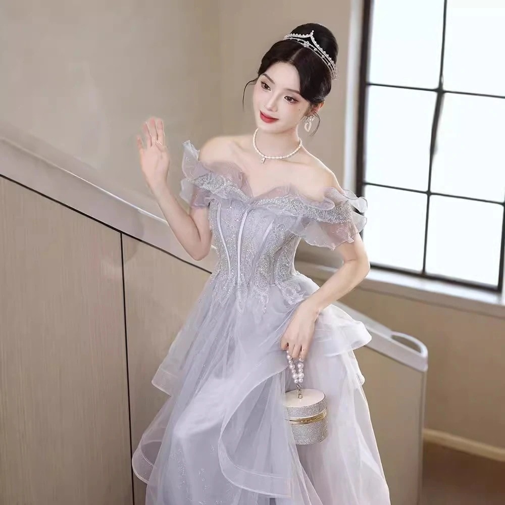 グレーワンショルダーイブニングドレス2025宴会ホストハイエンド声楽試験ミニドレス 5,893円