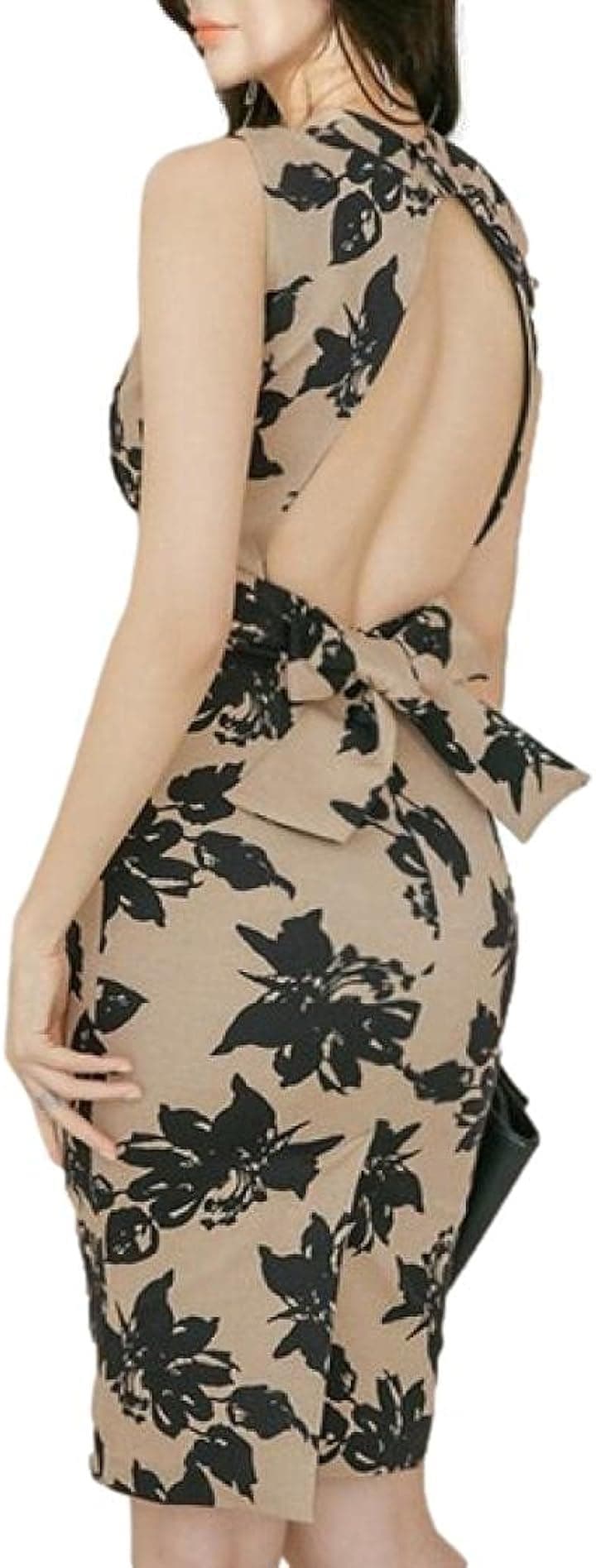 オープンバック ワンピース ボタニカル タイトミニ クルーネック ノースリーブ リボン スリット クラブドレス レディース DB3 エロイサ( ベージュ, L)