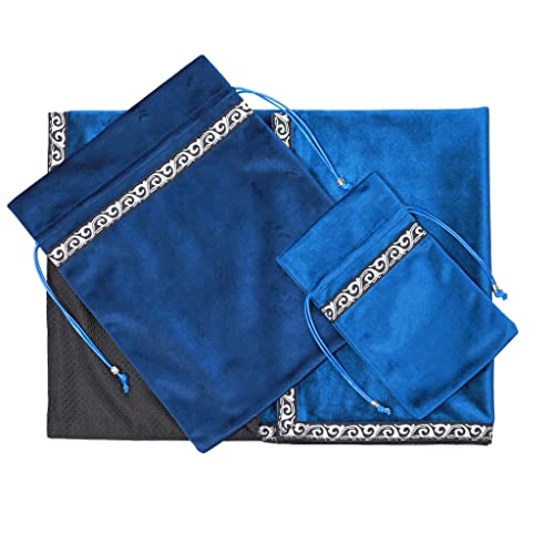 (RELIGHT) タロットクロス 滑り止め付 ベルベット クロス収納ポーチ タロットカード用 ポーチ 6565 【 占い師推奨 】 (ネイビー 3点セット) (裏地 滑り止め付)