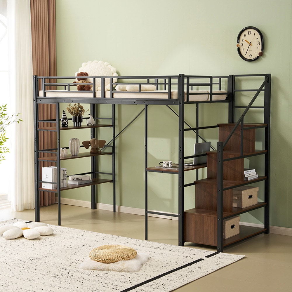 【国内即日発送】ロフトベッド パイプベッド シングル デスク付き 収納棚 階段付き 左右入れ替え可能 ロフトベッド 収納 大人 一人暮らし 子供ベッド 北欧風 二段ベッド 子供部屋 スチール 耐震 パ