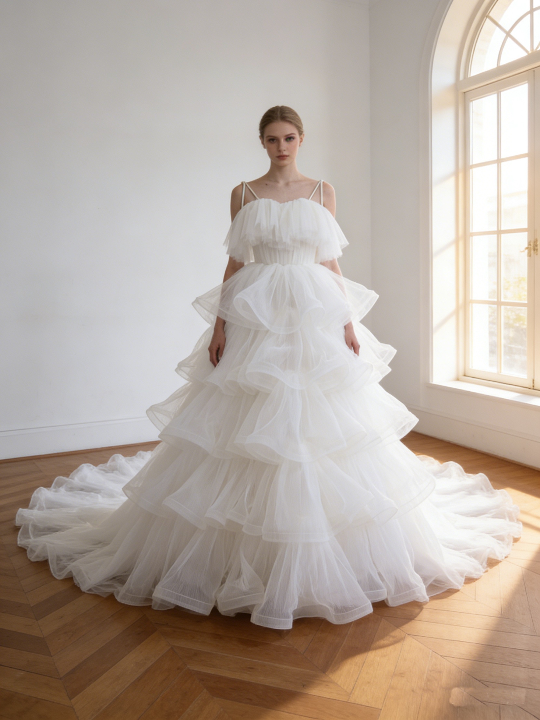 ウエディングドレス オフホワイト キャミソール ティアードのドレス 華やかなトレーン ソフトチュール 結婚式