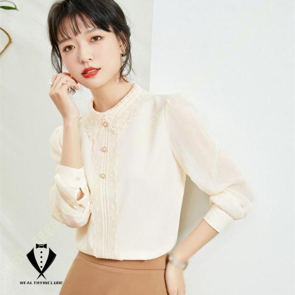 トップス カットソー ぶらうす インナー クラシカル ブラウス ハイネック レディース トップス シャツ 無地 春ブラウス レース 長袖 上品 クラシカル 通勤