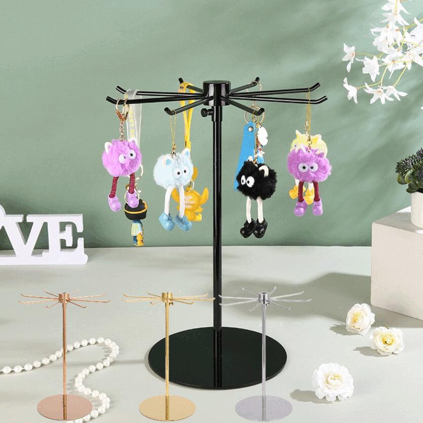 4色選択可 T型キーチェーンディスプレイスタンド 1個セット - メタル製1層回転式ジュエリーディスプレイ 8フック付き 高さ調節可能 キーホルダー・ぬいぐるみも掛けられる 小物・ネックレス・クラフト
