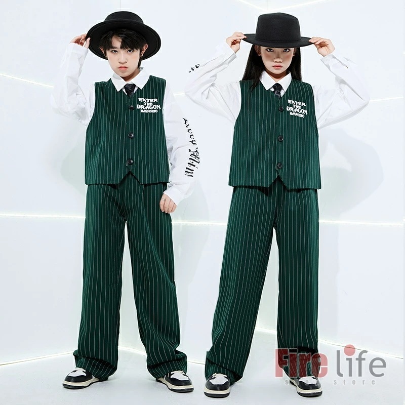 ダンスウェアセール キッズダンス衣装 スーツセット ヒップホップ グリーン ベストスーツ ロングパンツ ネクタイ ストライプ 長袖シャツ チアダンス 男の子 女の子 ジャズ セットアップ 団体服 ダン