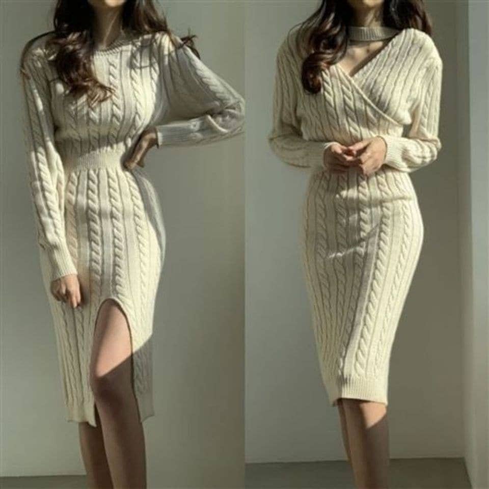 3色 両面着 ニットワンピース 長袖 セミロング丈 ベーシックニット着痩せ セーター トップス スリットスカート