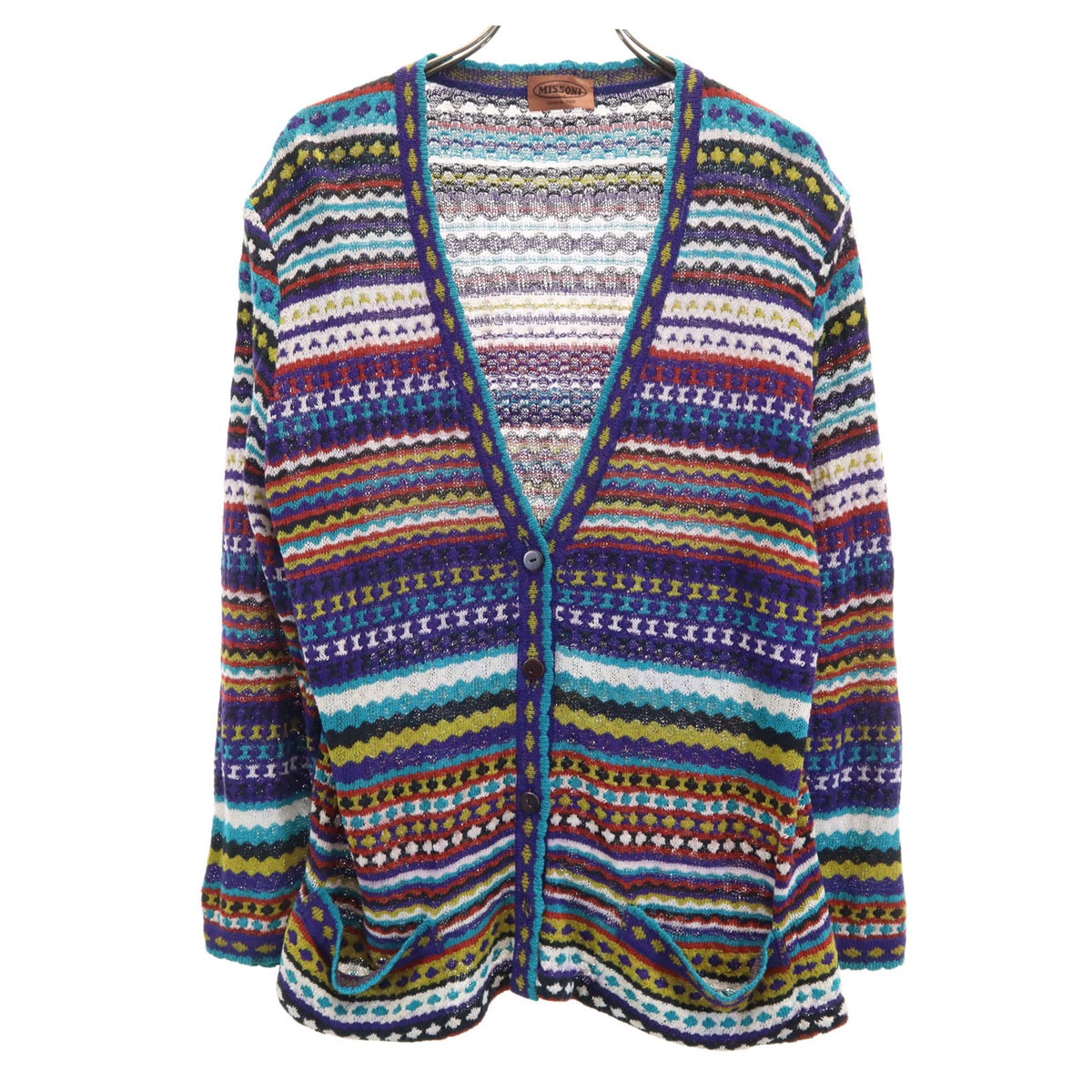 イタリア製 リネンブレンド 総柄 長袖 カーディガン 31 レディース 古着