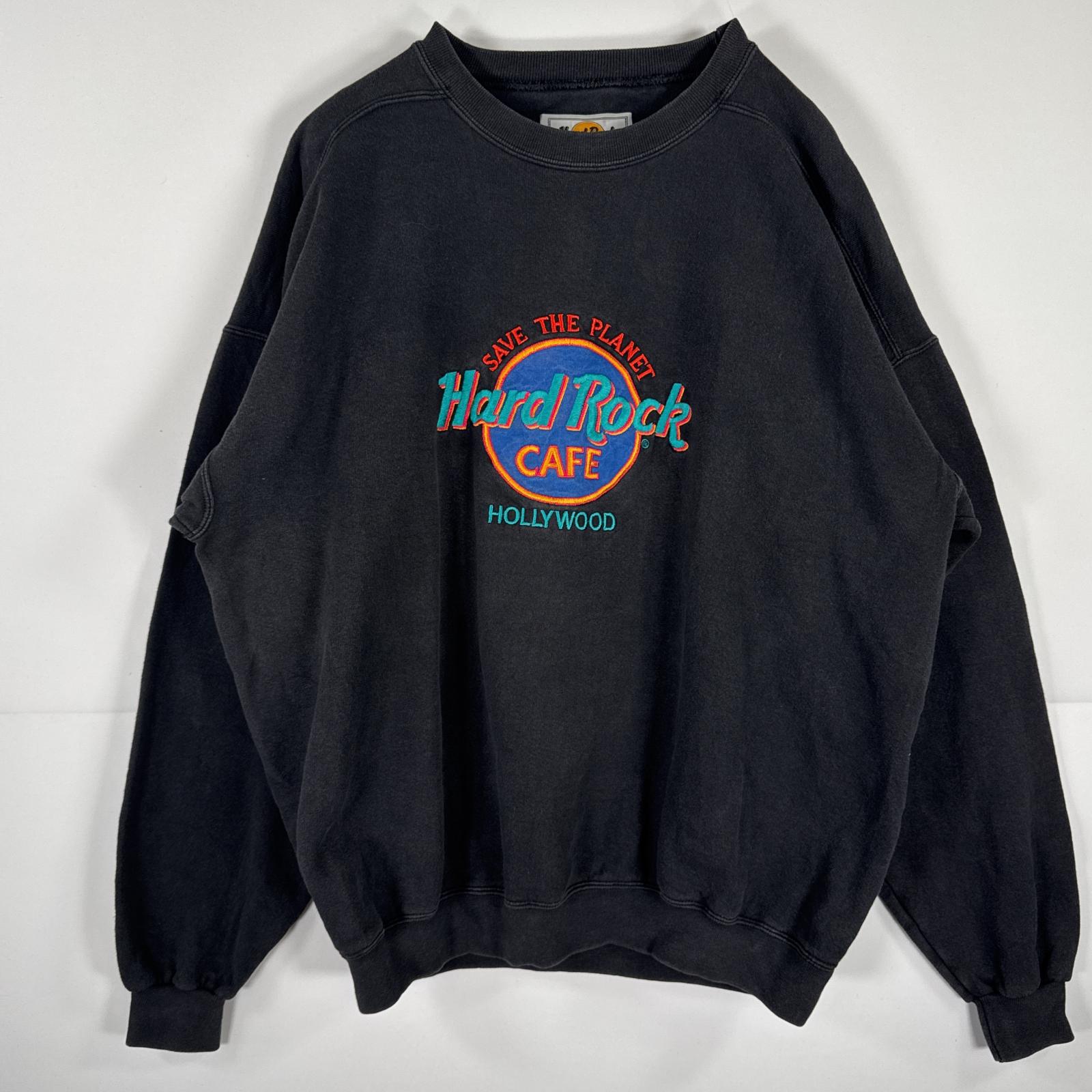 古着 90s/90年代 ヴィンテージ USA製 長袖 スウェット ハードロックカフェ クルーネック トレーナー USA製 刺繍 ビッグロゴ XL ブラック メンズ