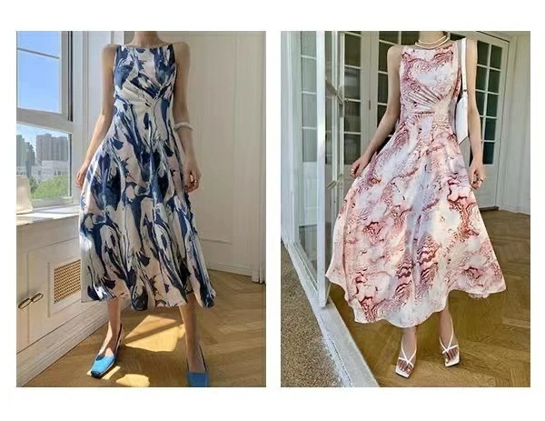 エレガントプリント ノースリーブ フレア ロングワンピース 裏地付きパーティドレス 膝丈 膝下 美ライン 二次会 演奏会 謝恩会 同窓会 可愛い きれいめ カジュアル 着痩せ 夏用 おしゃれ 春 夏