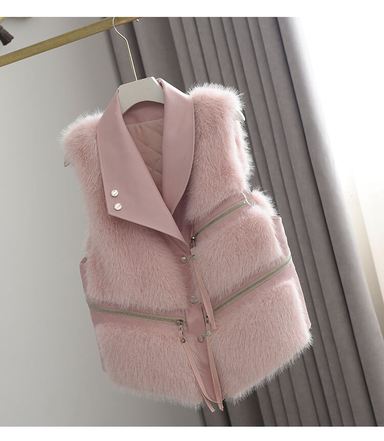 異素材MIXファージレ ジャケット アウター ベスト ジレ ファー もこもこ カジュアル ファスナー puレザー レディース 可愛い オフィスコーデ. ママコーデ ６カラー.C233