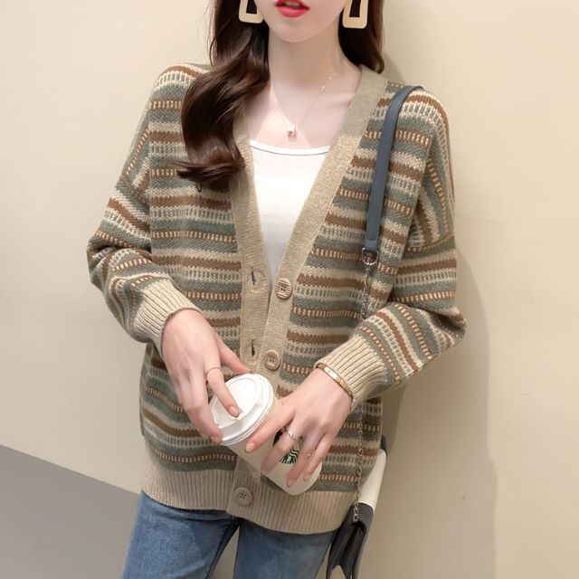 ニットカーディガン レディース ざっくり ボーダー トップス レディース Vネック セーター 長袖 羽織り 春 秋 ベージュ 紺 オフィス ママ